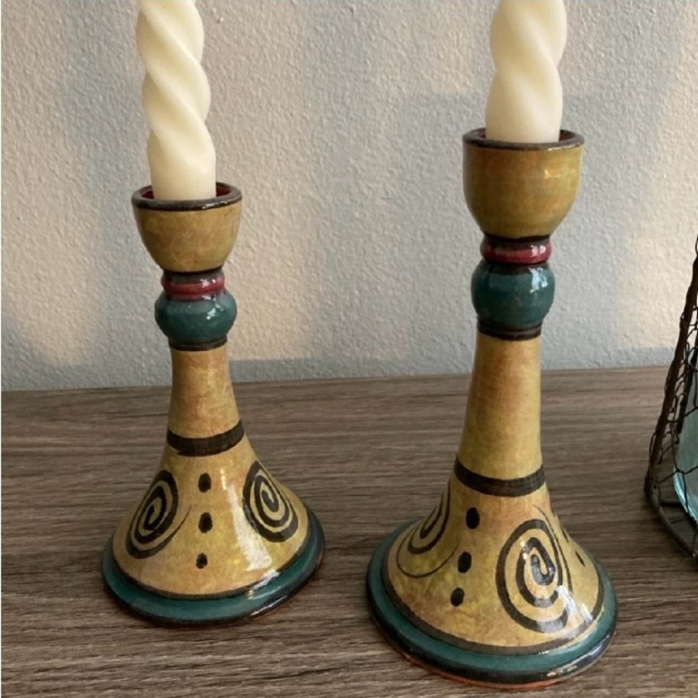 Pair of Hand Painted Clay Folk
Art Candle Sticks